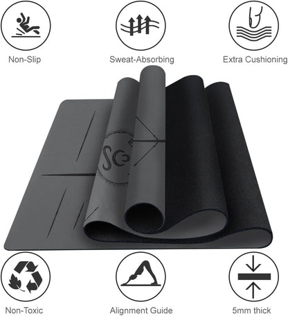 Natural Rubber Yoga Mat - Non Slip Non Toxic - 5mm Thick Yoga Mat for Hot Yoga/Pilates - Extra Large 26.8’’ with Alignment Guide - Sweat Proof - with Carrying Bag
