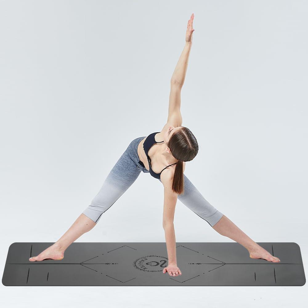 Natural Rubber Yoga Mat - Non Slip Non Toxic - 5mm Thick Yoga Mat for Hot Yoga/Pilates - Extra Large 26.8’’ with Alignment Guide - Sweat Proof - with Carrying Bag