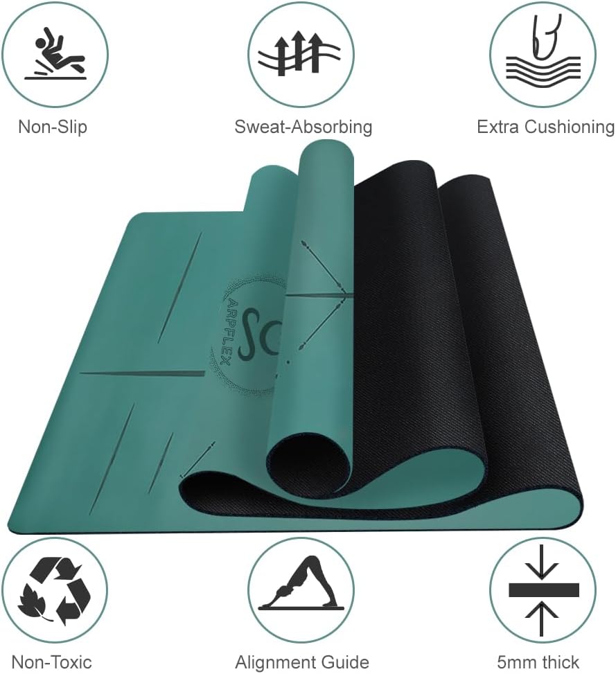 Natural Rubber Yoga Mat - Non Slip Non Toxic - 5mm Thick Yoga Mat for Hot Yoga/Pilates - Extra Large 26.8’’ with Alignment Guide - Sweat Proof - with Carrying Bag