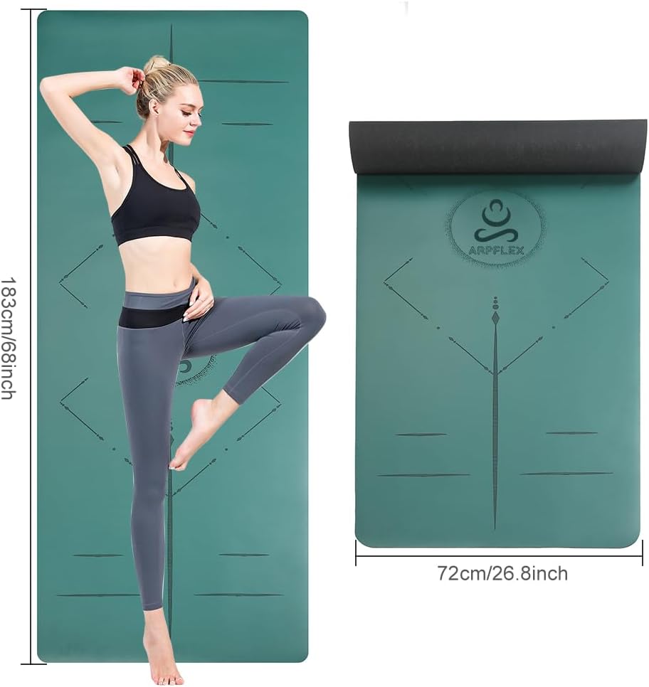 Natural Rubber Yoga Mat - Non Slip Non Toxic - 5mm Thick Yoga Mat for Hot Yoga/Pilates - Extra Large 26.8’’ with Alignment Guide - Sweat Proof - with Carrying Bag