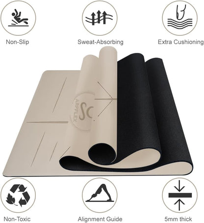 Natural Rubber Yoga Mat - Non Slip Non Toxic - 5mm Thick Yoga Mat for Hot Yoga/Pilates - Extra Large 26.8’’ with Alignment Guide - Sweat Proof - with Carrying Bag