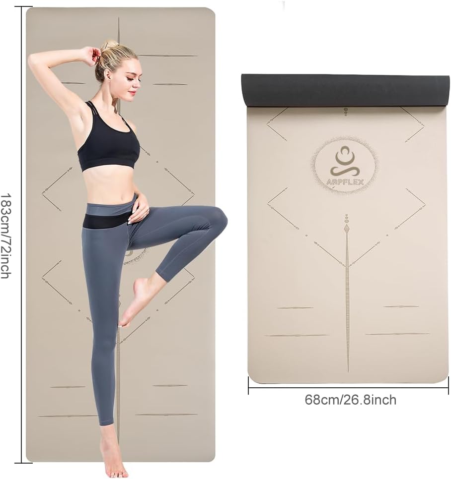 Natural Rubber Yoga Mat - Non Slip Non Toxic - 5mm Thick Yoga Mat for Hot Yoga/Pilates - Extra Large 26.8’’ with Alignment Guide - Sweat Proof - with Carrying Bag