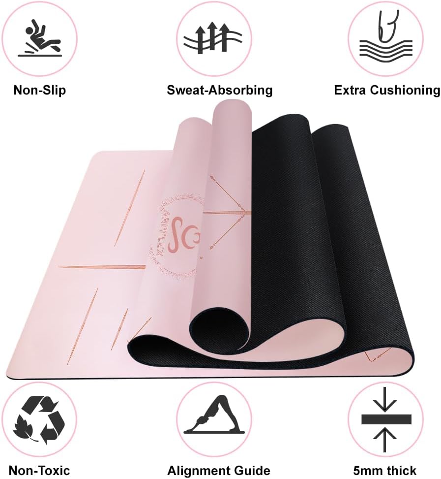 Natural Rubber Yoga Mat - Non Slip Non Toxic - 5mm Thick Yoga Mat for Hot Yoga/Pilates - Extra Large 26.8’’ with Alignment Guide - Sweat Proof - with Carrying Bag