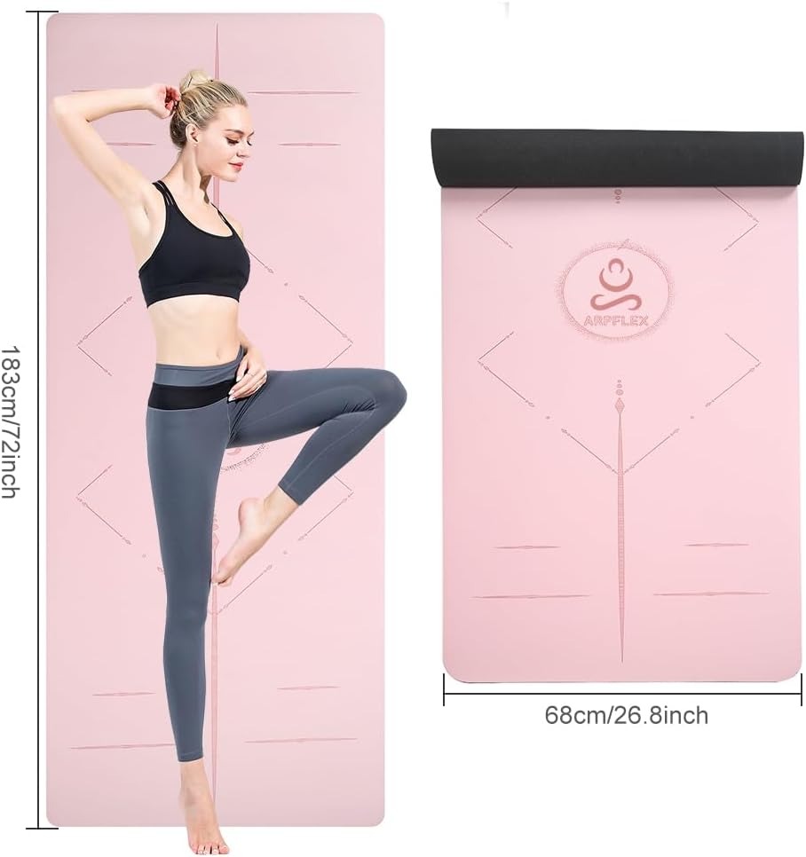 Natural Rubber Yoga Mat - Non Slip Non Toxic - 5mm Thick Yoga Mat for Hot Yoga/Pilates - Extra Large 26.8’’ with Alignment Guide - Sweat Proof - with Carrying Bag