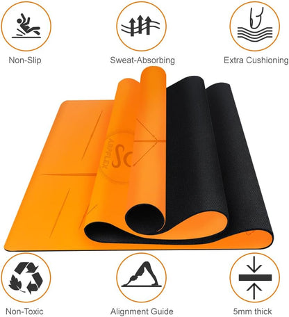 Natural Rubber Yoga Mat - Non Slip Non Toxic - 5mm Thick Yoga Mat for Hot Yoga/Pilates - Extra Large 26.8’’ with Alignment Guide - Sweat Proof - with Carrying Bag