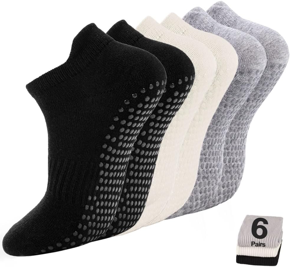 5 Pairs Pilates Socks with Grips for Women Non Slip Grip Yoga Crew Socks for Barre Hospital Barefoot