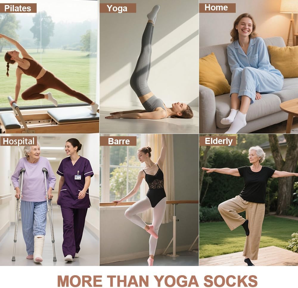 5 Pairs Pilates Socks with Grips for Women Non Slip Grip Yoga Crew Socks for Barre Hospital Barefoot