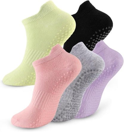 5 Pairs Pilates Socks with Grips for Women Non Slip Grip Yoga Crew Socks for Barre Hospital Barefoot