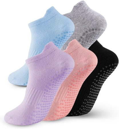 5 Pairs Pilates Socks with Grips for Women Non Slip Grip Yoga Crew Socks for Barre Hospital Barefoot
