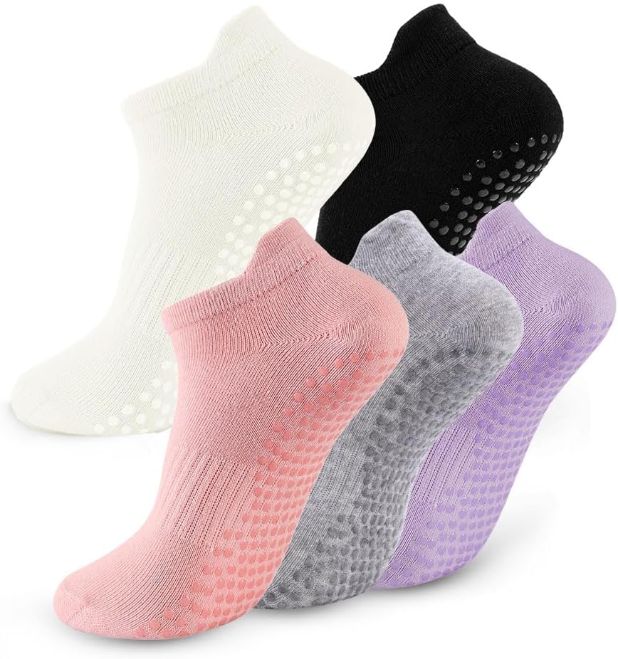 5 Pairs Pilates Socks with Grips for Women Non Slip Grip Yoga Crew Socks for Barre Hospital Barefoot