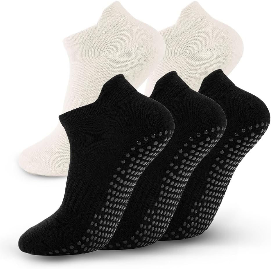 5 Pairs Pilates Socks with Grips for Women Non Slip Grip Yoga Crew Socks for Barre Hospital Barefoot