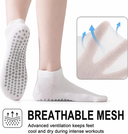 5 Pairs Pilates Socks with Grips for Women Non Slip Grip Yoga Crew Socks for Barre Hospital Barefoot