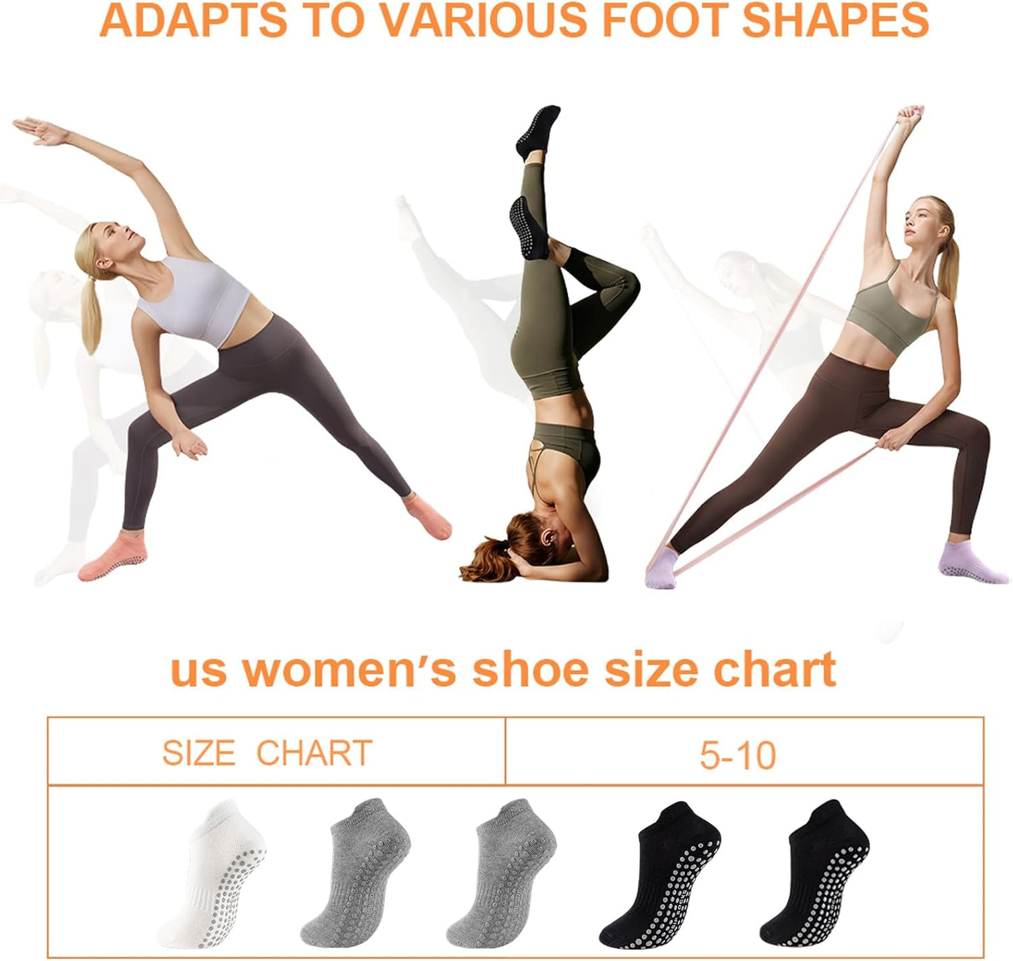 5 Pairs Pilates Socks with Grips for Women Non Slip Grip Yoga Crew Socks for Barre Hospital Barefoot