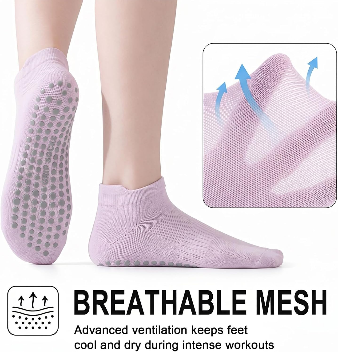 5 Pairs Pilates Socks with Grips for Women Non Slip Grip Yoga Crew Socks for Barre Hospital Barefoot