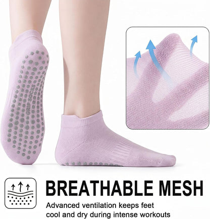5 Pairs Pilates Socks with Grips for Women Non Slip Grip Yoga Crew Socks for Barre Hospital Barefoot