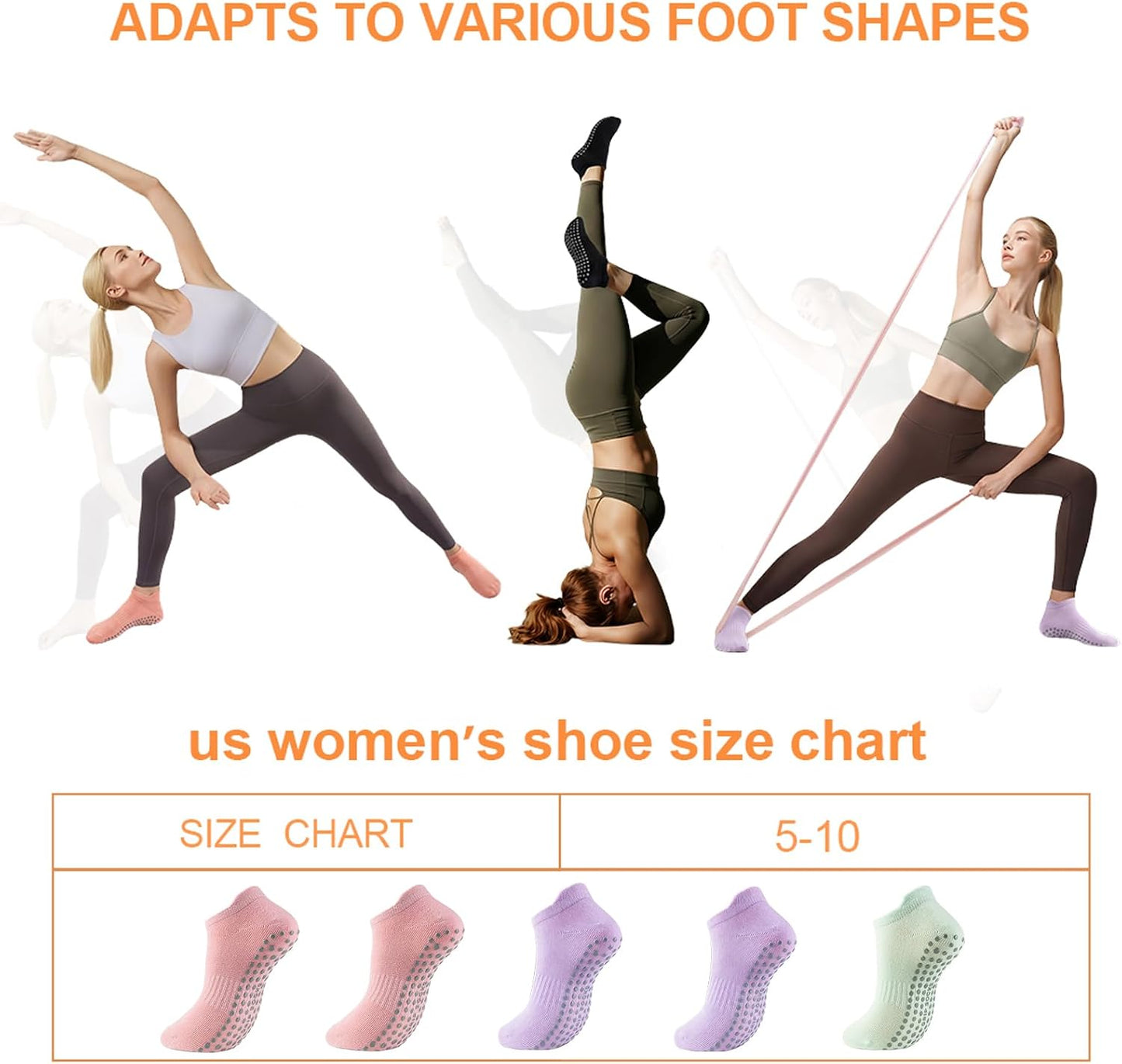 5 Pairs Pilates Socks with Grips for Women Non Slip Grip Yoga Crew Socks for Barre Hospital Barefoot