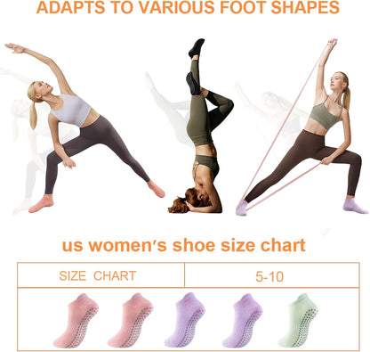5 Pairs Pilates Socks with Grips for Women Non Slip Grip Yoga Crew Socks for Barre Hospital Barefoot