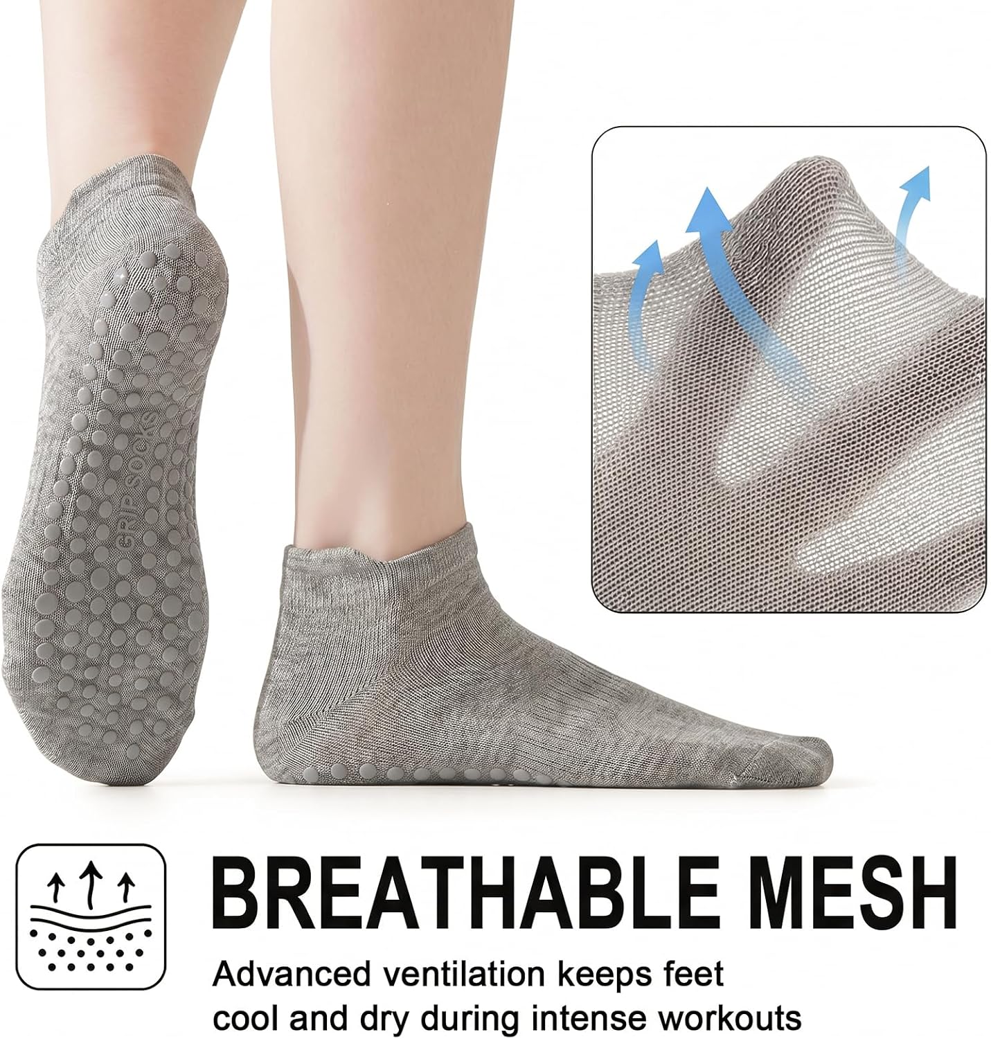 5 Pairs Pilates Socks with Grips for Women Non Slip Grip Yoga Crew Socks for Barre Hospital Barefoot
