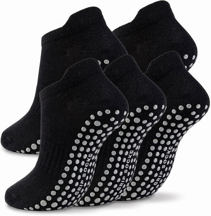 5 Pairs Pilates Socks with Grips for Women Non Slip Grip Yoga Crew Socks for Barre Hospital Barefoot