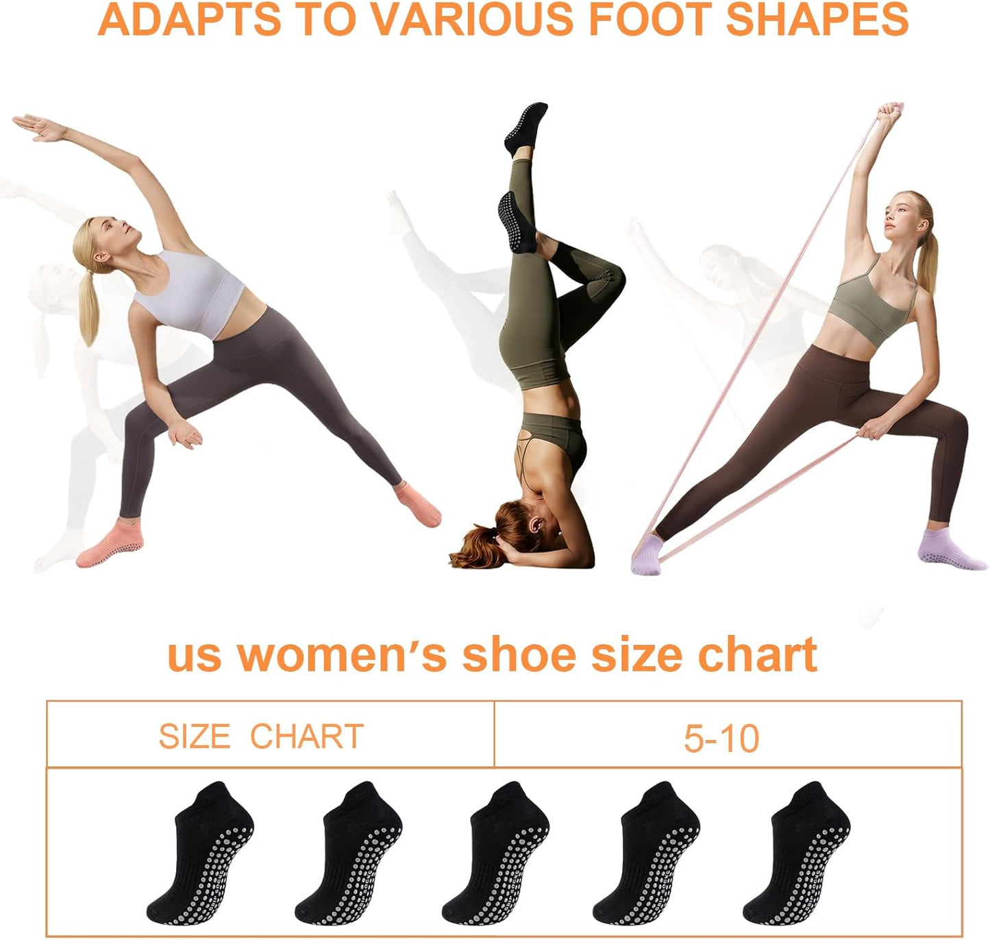 5 Pairs Pilates Socks with Grips for Women Non Slip Grip Yoga Crew Socks for Barre Hospital Barefoot