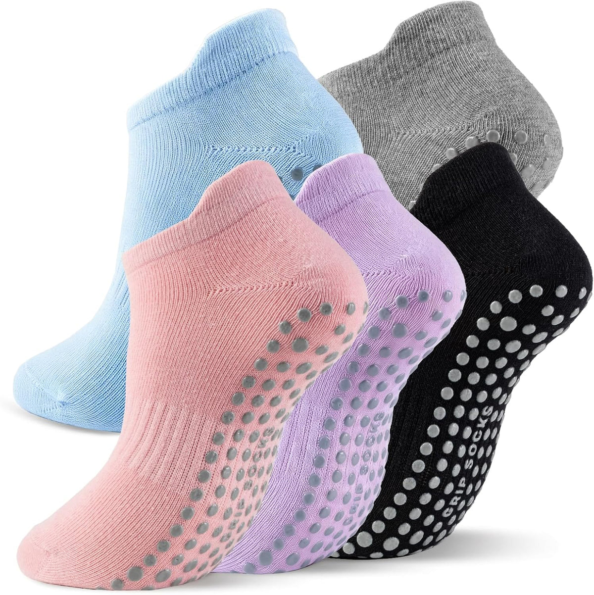 5 Pairs Pilates Socks with Grips for Women Non Slip Grip Yoga Crew Socks for Barre Hospital Barefoot