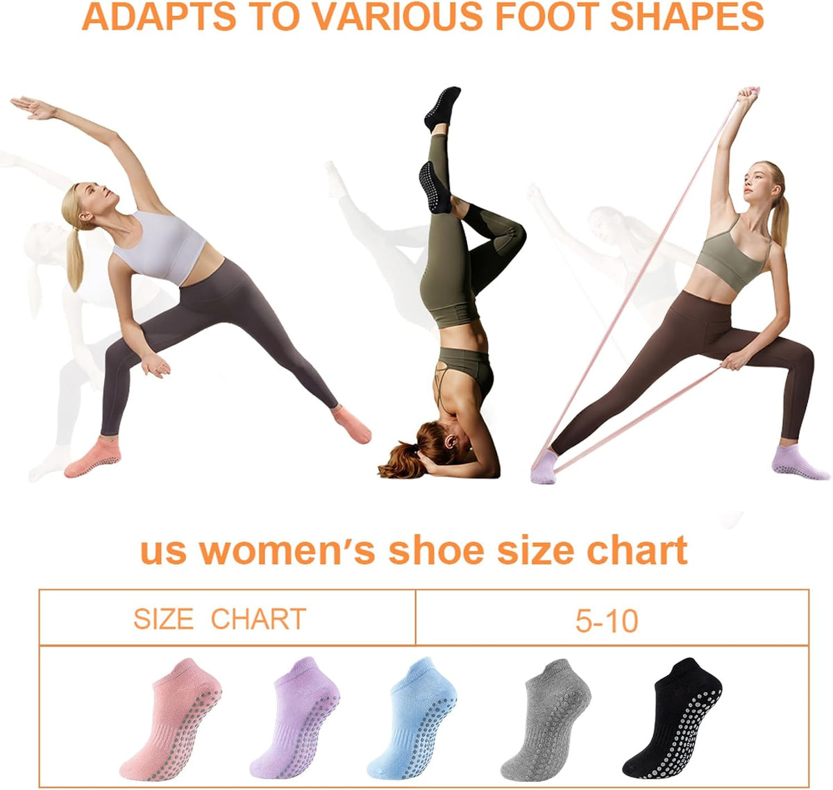 5 Pairs Pilates Socks with Grips for Women Non Slip Grip Yoga Crew Socks for Barre Hospital Barefoot