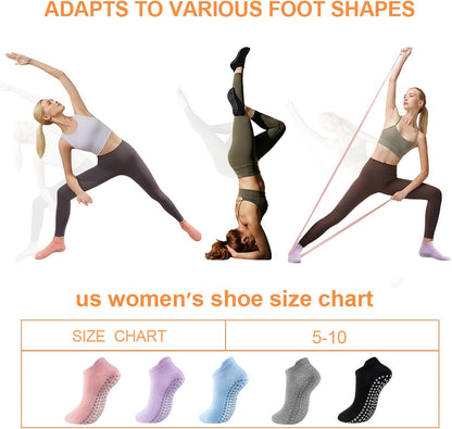 5 Pairs Pilates Socks with Grips for Women Non Slip Grip Yoga Crew Socks for Barre Hospital Barefoot