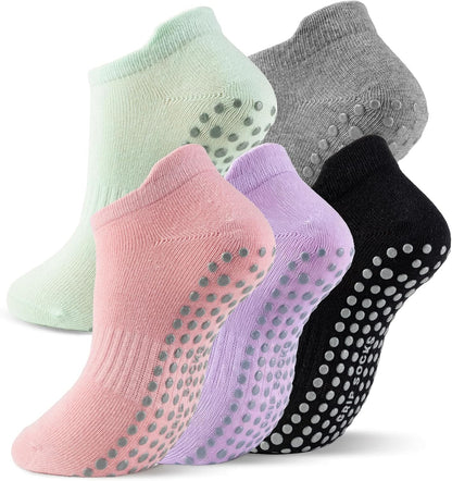5 Pairs Pilates Socks with Grips for Women Non Slip Grip Yoga Crew Socks for Barre Hospital Barefoot