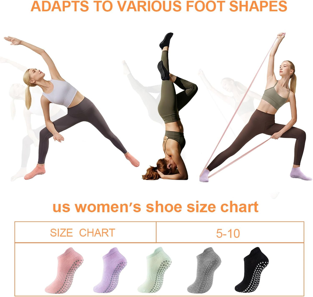 5 Pairs Pilates Socks with Grips for Women Non Slip Grip Yoga Crew Socks for Barre Hospital Barefoot