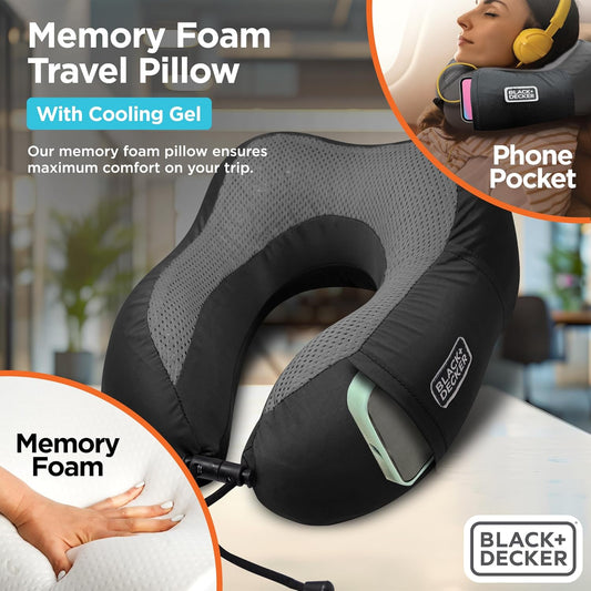 Cooling Gel Memory Foam Neck Pillow – Travel Pillow for Plane, Car & Train – Ergonomic Neck Support, Slow Rebound Memory Foam, Washable Cover, Universal Fit, Grey