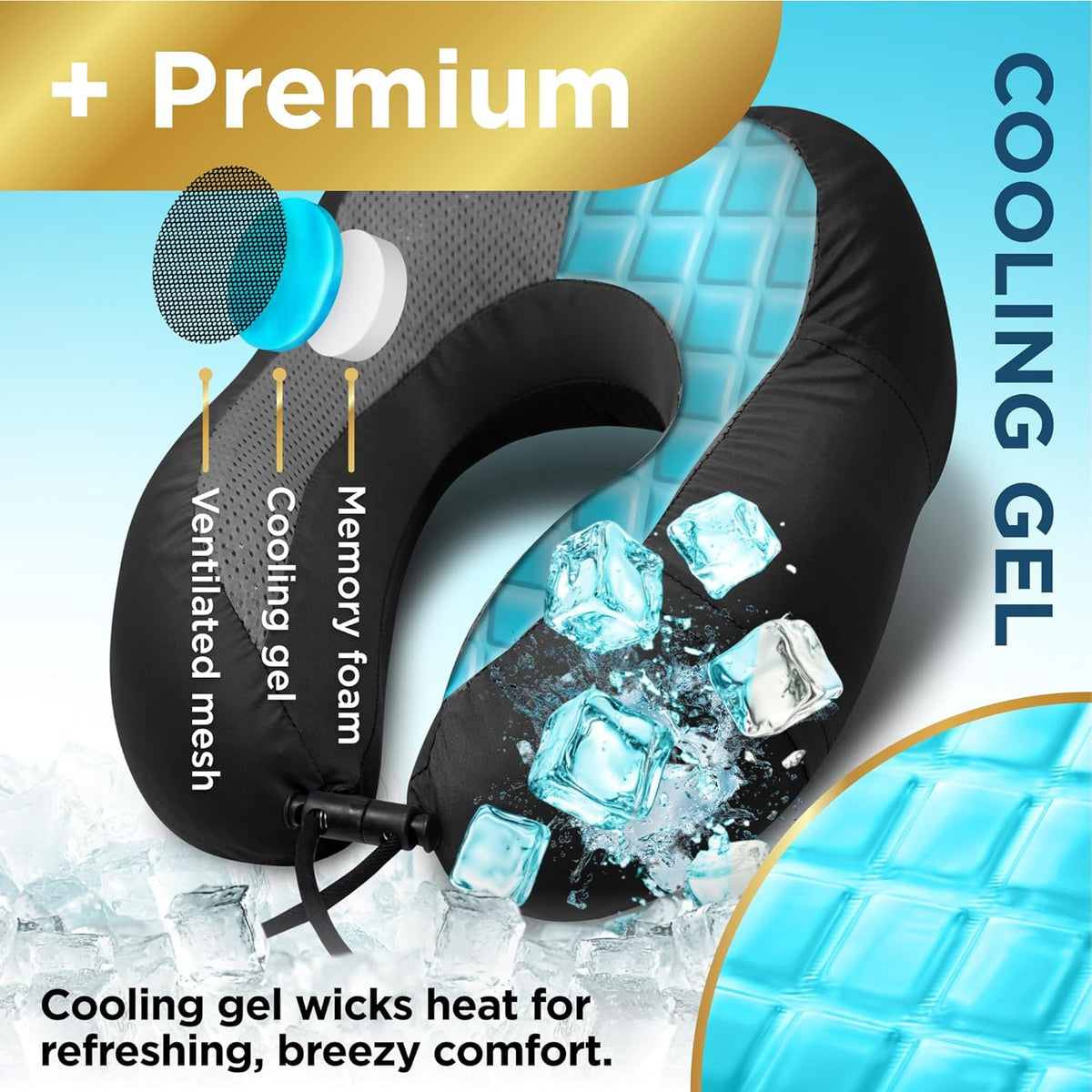 Cooling Gel Memory Foam Neck Pillow – Travel Pillow for Plane, Car & Train – Ergonomic Neck Support, Slow Rebound Memory Foam, Washable Cover, Universal Fit, Grey
