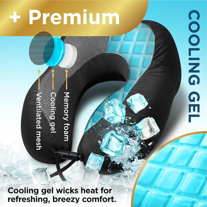 Cooling Gel Memory Foam Neck Pillow – Travel Pillow for Plane, Car & Train – Ergonomic Neck Support, Slow Rebound Memory Foam, Washable Cover, Universal Fit, Grey