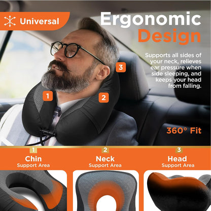 Cooling Gel Memory Foam Neck Pillow – Travel Pillow for Plane, Car & Train – Ergonomic Neck Support, Slow Rebound Memory Foam, Washable Cover, Universal Fit, Grey