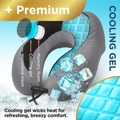Cooling Gel Memory Foam Neck Pillow – Travel Pillow for Plane, Car & Train – Ergonomic Neck Support, Slow Rebound Memory Foam, Washable Cover, Universal Fit, Grey