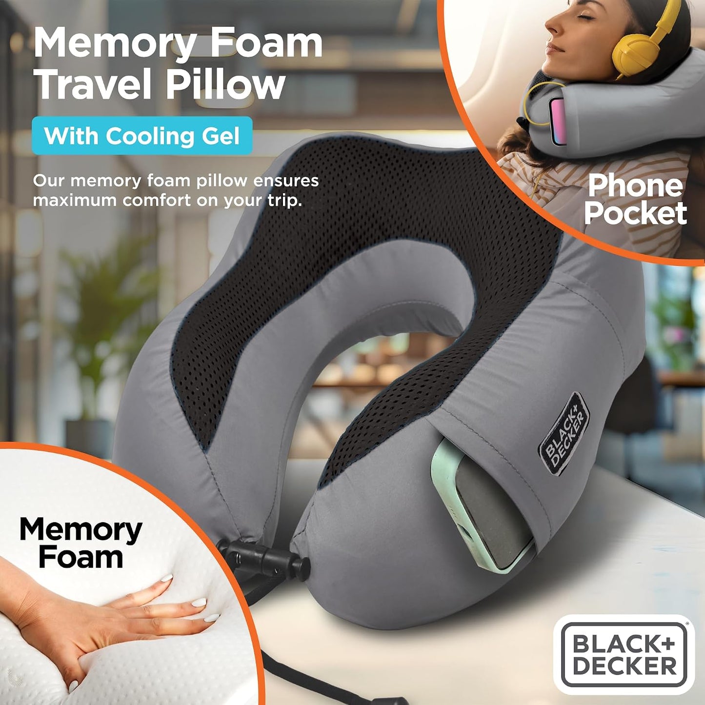 Cooling Gel Memory Foam Neck Pillow – Travel Pillow for Plane, Car & Train – Ergonomic Neck Support, Slow Rebound Memory Foam, Washable Cover, Universal Fit, Grey