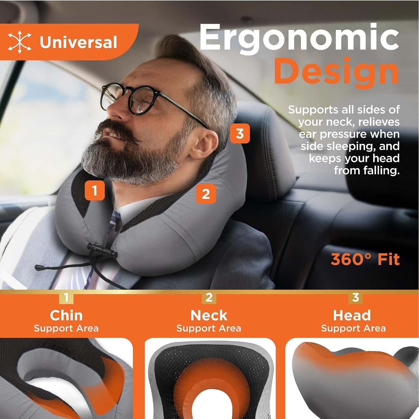 Cooling Gel Memory Foam Neck Pillow – Travel Pillow for Plane, Car & Train – Ergonomic Neck Support, Slow Rebound Memory Foam, Washable Cover, Universal Fit, Grey