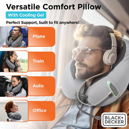Cooling Gel Memory Foam Neck Pillow – Travel Pillow for Plane, Car & Train – Ergonomic Neck Support, Slow Rebound Memory Foam, Washable Cover, Universal Fit, Grey