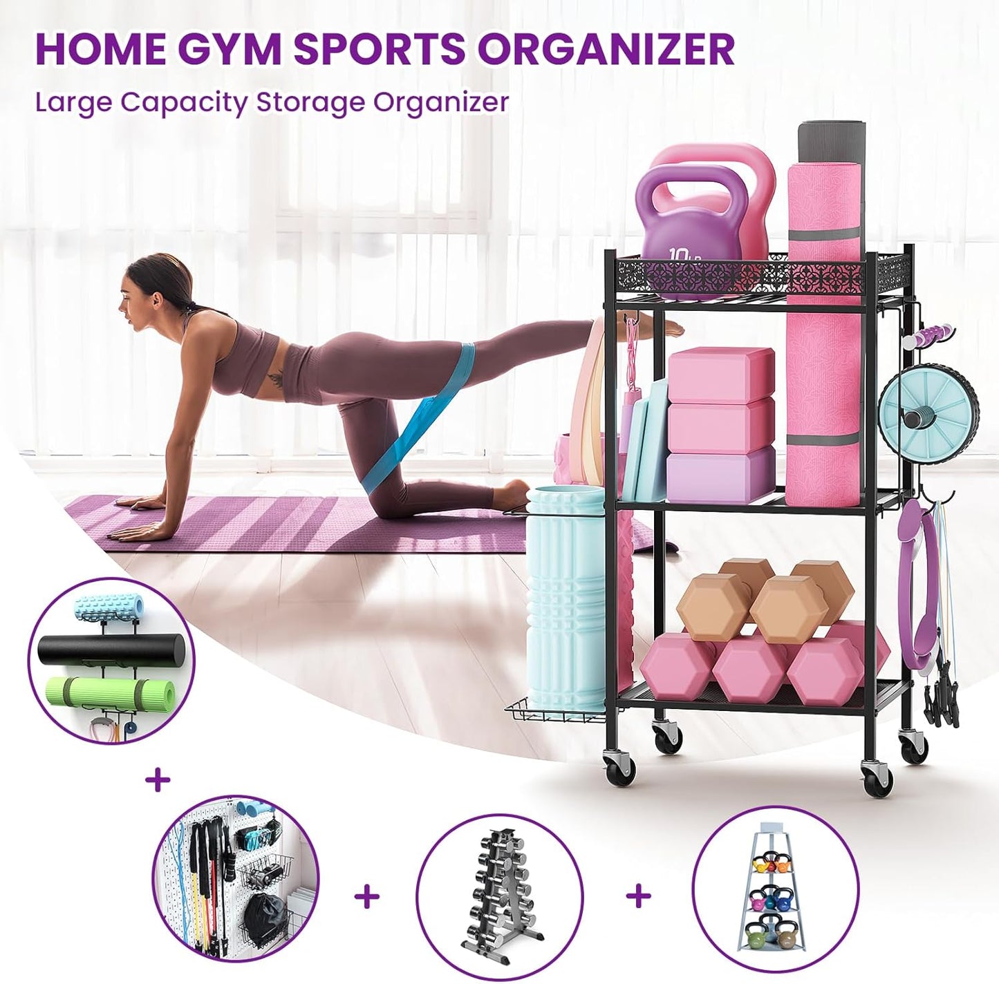 Yoga Mat Storage Rack, Home Gym Storage Rack, Workout Storage for Yoga Mat, Foam Roller, Gym Organizer Gym Equipment Storage for Home Exercise and Fitness Gear