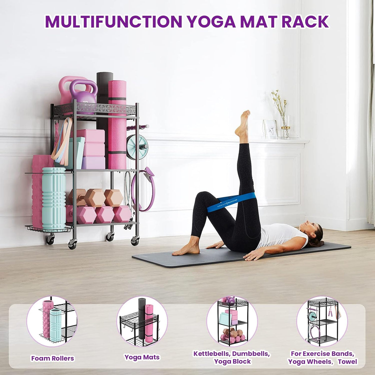 Yoga Mat Storage Rack, Home Gym Storage Rack, Workout Storage for Yoga Mat, Foam Roller, Gym Organizer Gym Equipment Storage for Home Exercise and Fitness Gear