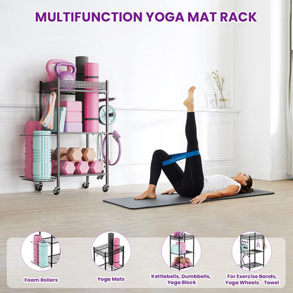 Yoga Mat Storage Rack, Home Gym Storage Rack, Workout Storage for Yoga Mat, Foam Roller, Gym Organizer Gym Equipment Storage for Home Exercise and Fitness Gear