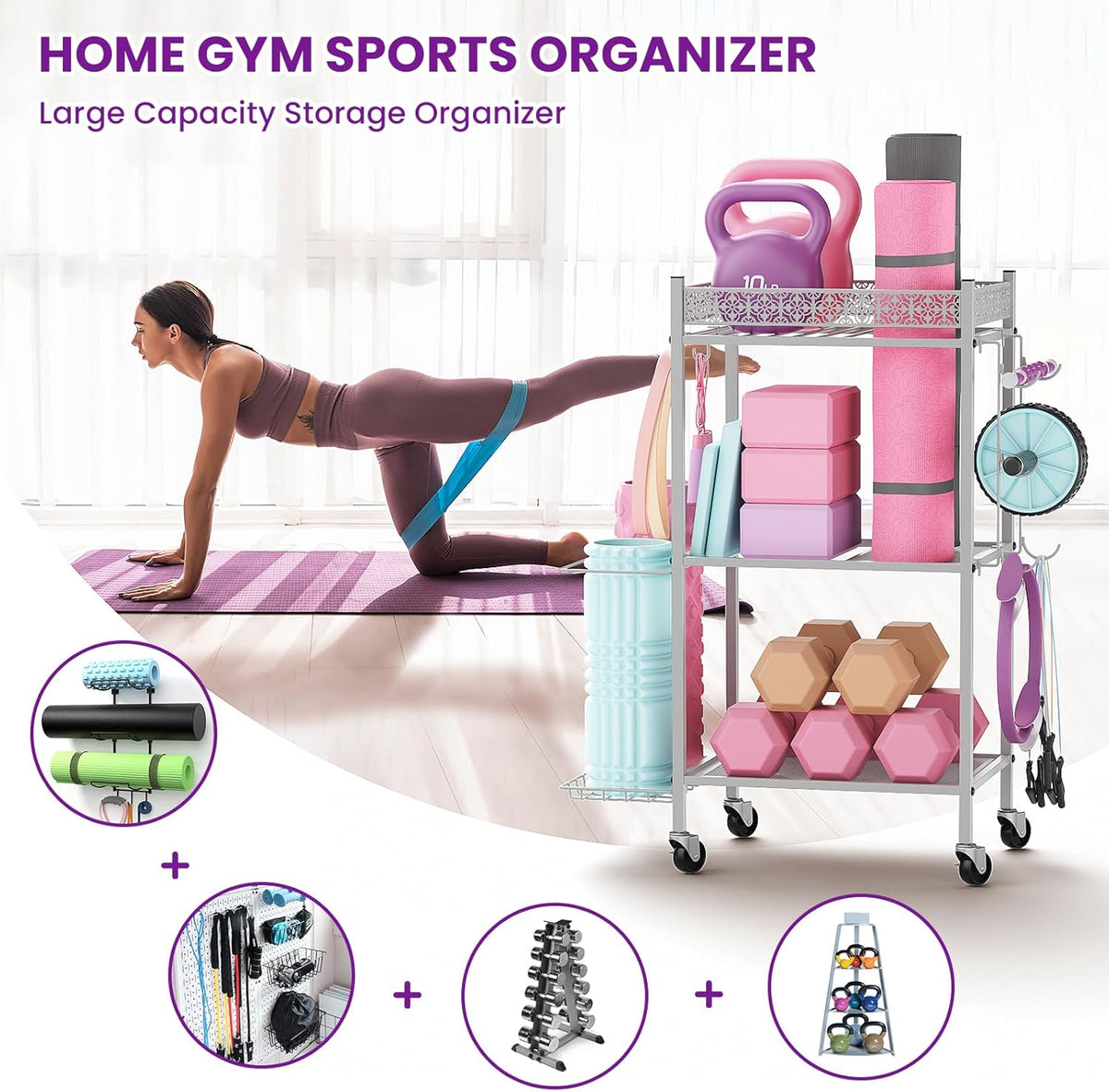 Yoga Mat Storage Rack, Home Gym Storage Rack, Workout Storage for Yoga Mat, Foam Roller, Gym Organizer Gym Equipment Storage for Home Exercise and Fitness Gear