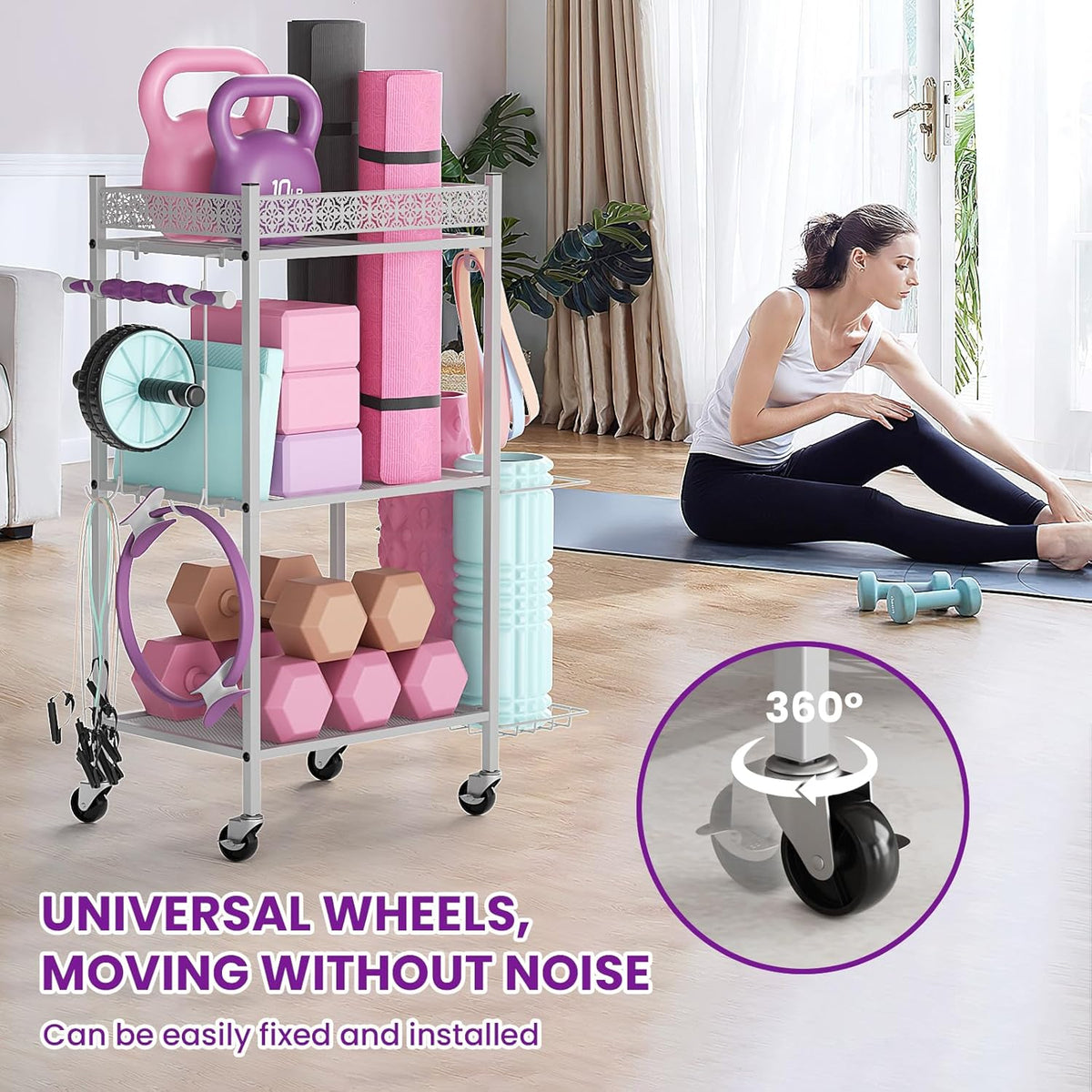 Yoga Mat Storage Rack, Home Gym Storage Rack, Workout Storage for Yoga Mat, Foam Roller, Gym Organizer Gym Equipment Storage for Home Exercise and Fitness Gear