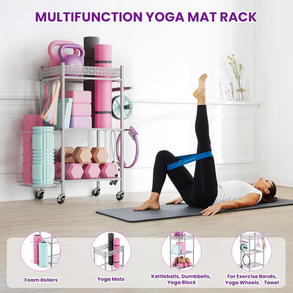 Yoga Mat Storage Rack, Home Gym Storage Rack, Workout Storage for Yoga Mat, Foam Roller, Gym Organizer Gym Equipment Storage for Home Exercise and Fitness Gear