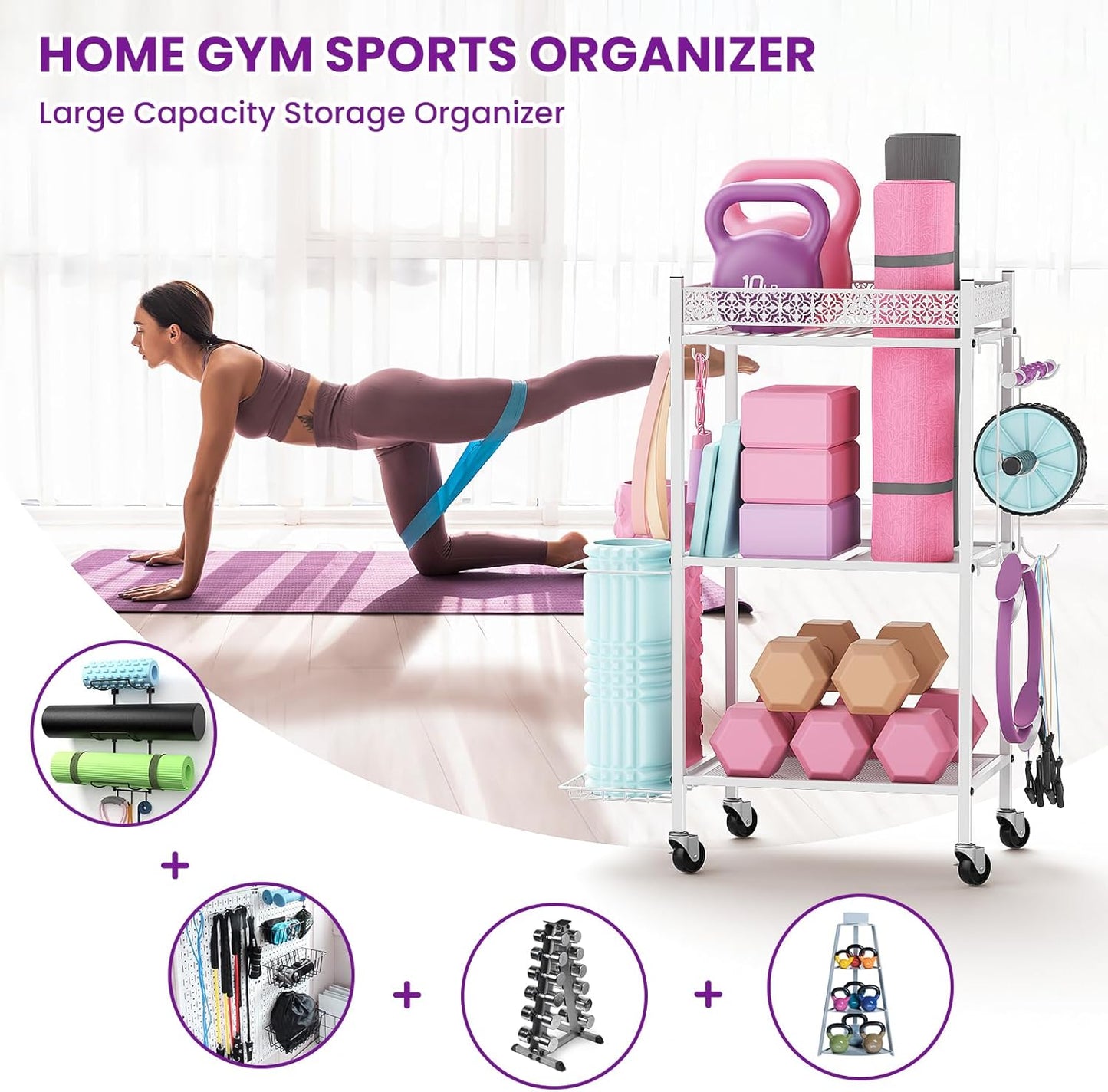 Yoga Mat Storage Rack, Home Gym Storage Rack, Workout Storage for Yoga Mat, Foam Roller, Gym Organizer Gym Equipment Storage for Home Exercise and Fitness Gear