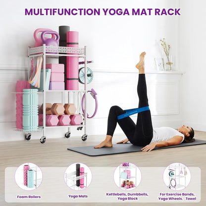 Yoga Mat Storage Rack, Home Gym Storage Rack, Workout Storage for Yoga Mat, Foam Roller, Gym Organizer Gym Equipment Storage for Home Exercise and Fitness Gear