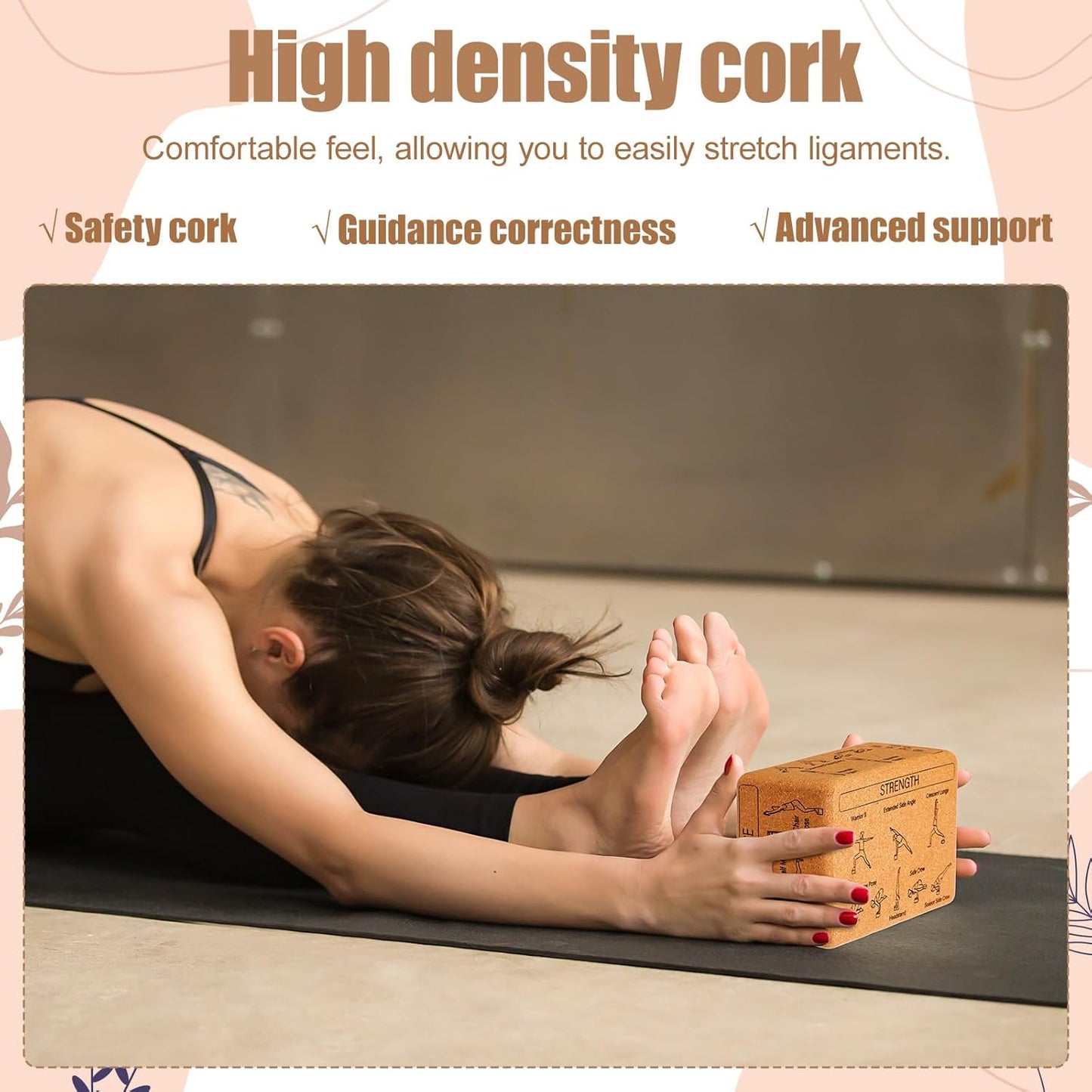Cork Yoga Blocks 2 Pack Yoga Poses Teaching Cork Blocks, Suitable Poses for Beginners and Experts High Density Block with Non Slip Surface for Better Support, Balance Comfort (Beige)