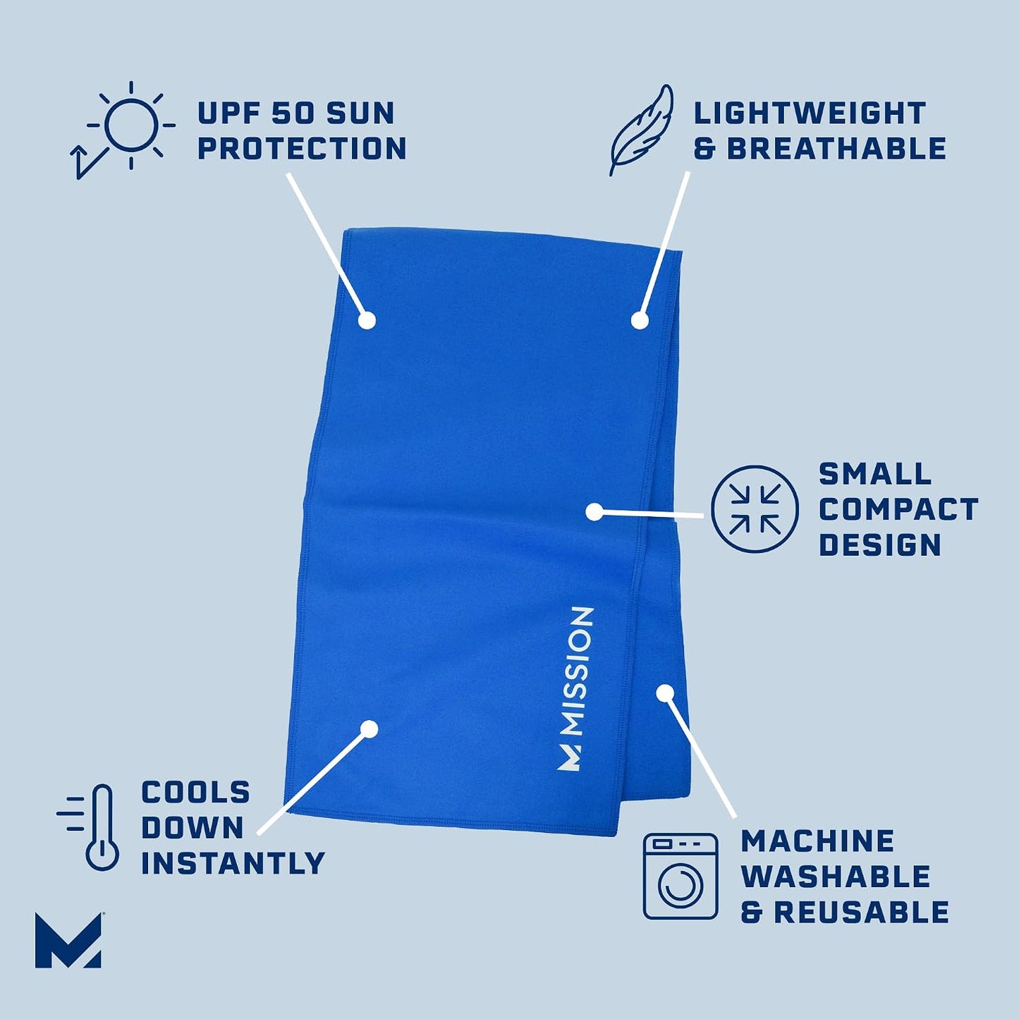 On-The-Go Cooling Towel, Blue - Soft, Lightweight Fabric - Cools Up to 2 Hours - UPF 50 Sun Protection - Machine Washable