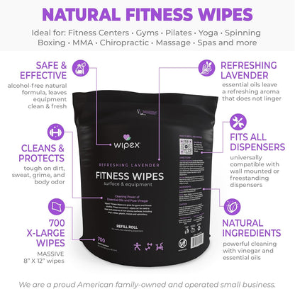 Gym Wipes Refill, 700 Count, Large 8"x12" Fitness Equipment Wipes with Cleaning Vinegar and Refreshing Lavender Essential Oil for Yoga Mat Cleaner, Fits Dispensers, 700 Count (Pack of 1)