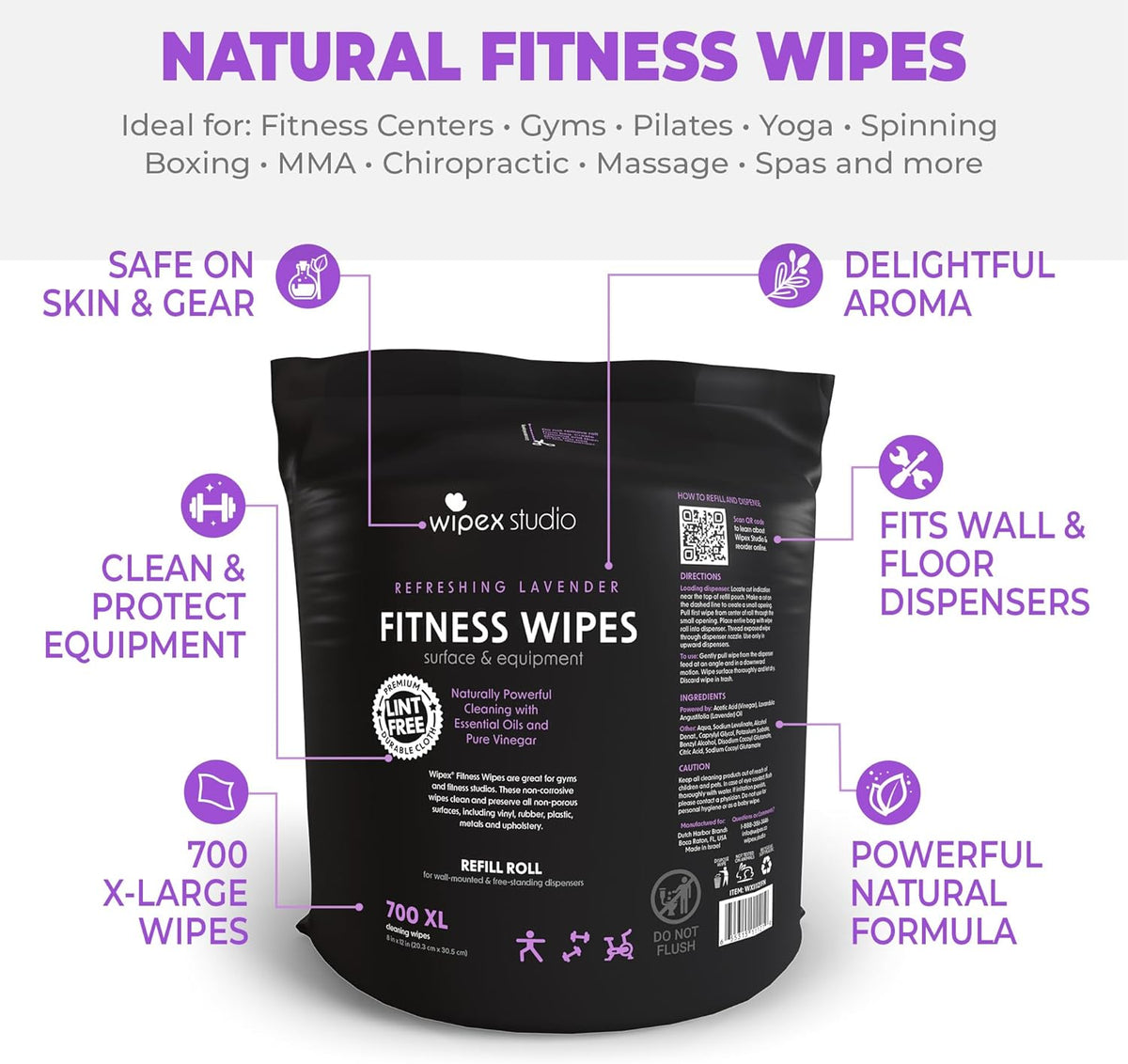 Gym Wipes Refill, 700 Count, Large 8"x12" Fitness Equipment Wipes with Cleaning Vinegar and Refreshing Lavender Essential Oil for Yoga Mat Cleaner, Fits Dispensers, 700 Count (Pack of 1)