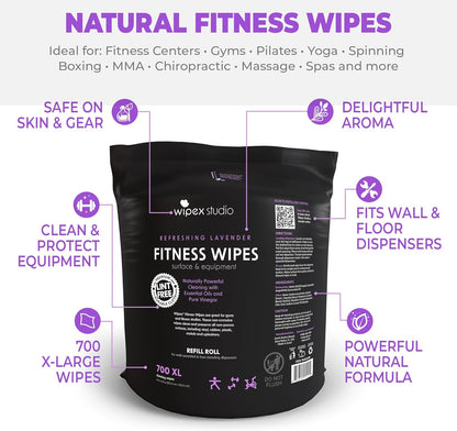 Gym Wipes Refill, 700 Count, Large 8"x12" Fitness Equipment Wipes with Cleaning Vinegar and Refreshing Lavender Essential Oil for Yoga Mat Cleaner, Fits Dispensers, 700 Count (Pack of 1)